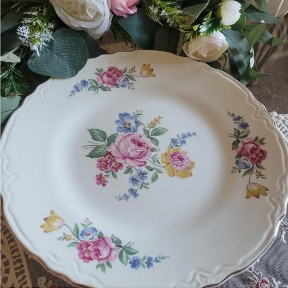 Vintage Floral Plate Scio Ohio Cottage Core White Cream Rose Blue Green Gold Rim